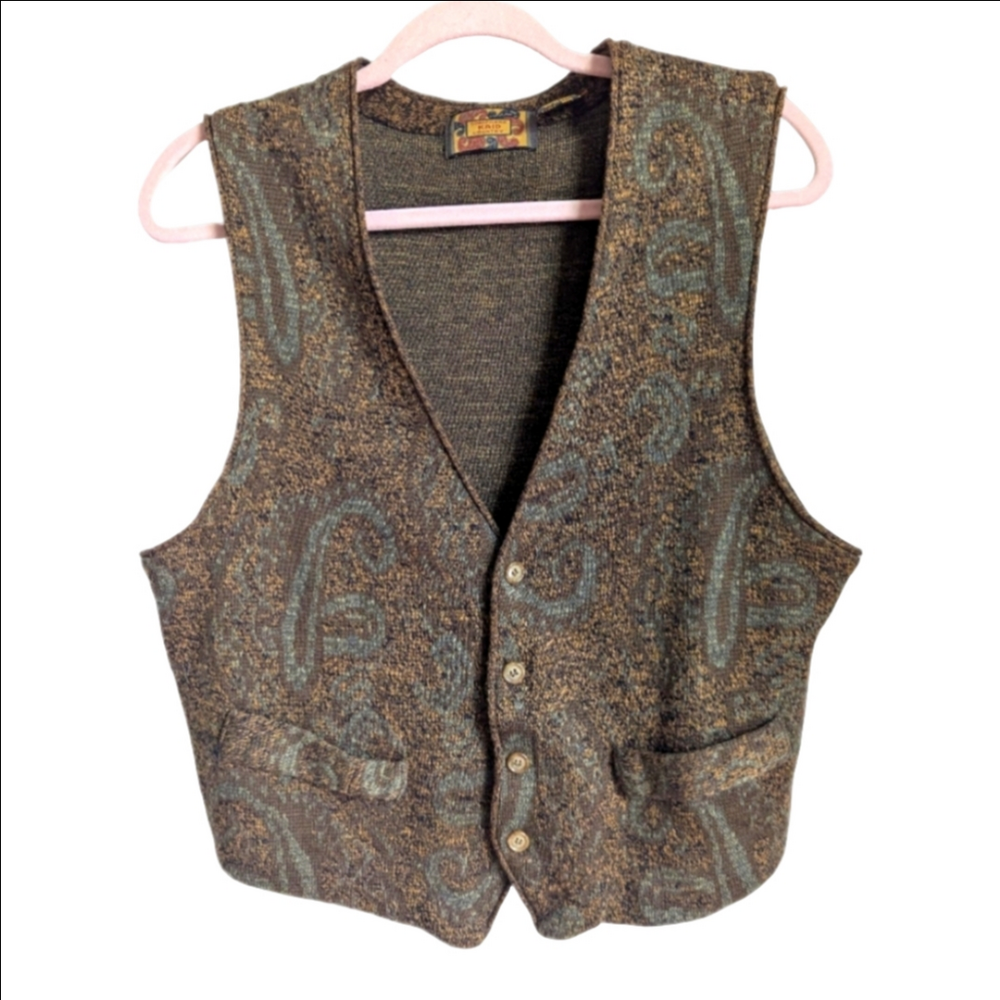 VINTAGE Forest Green Arabesque Wool Academia Button Front Knit Vest Small